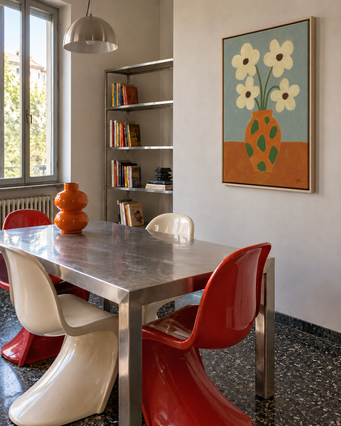 Green Speckled Vase - Framed canvas in an interior