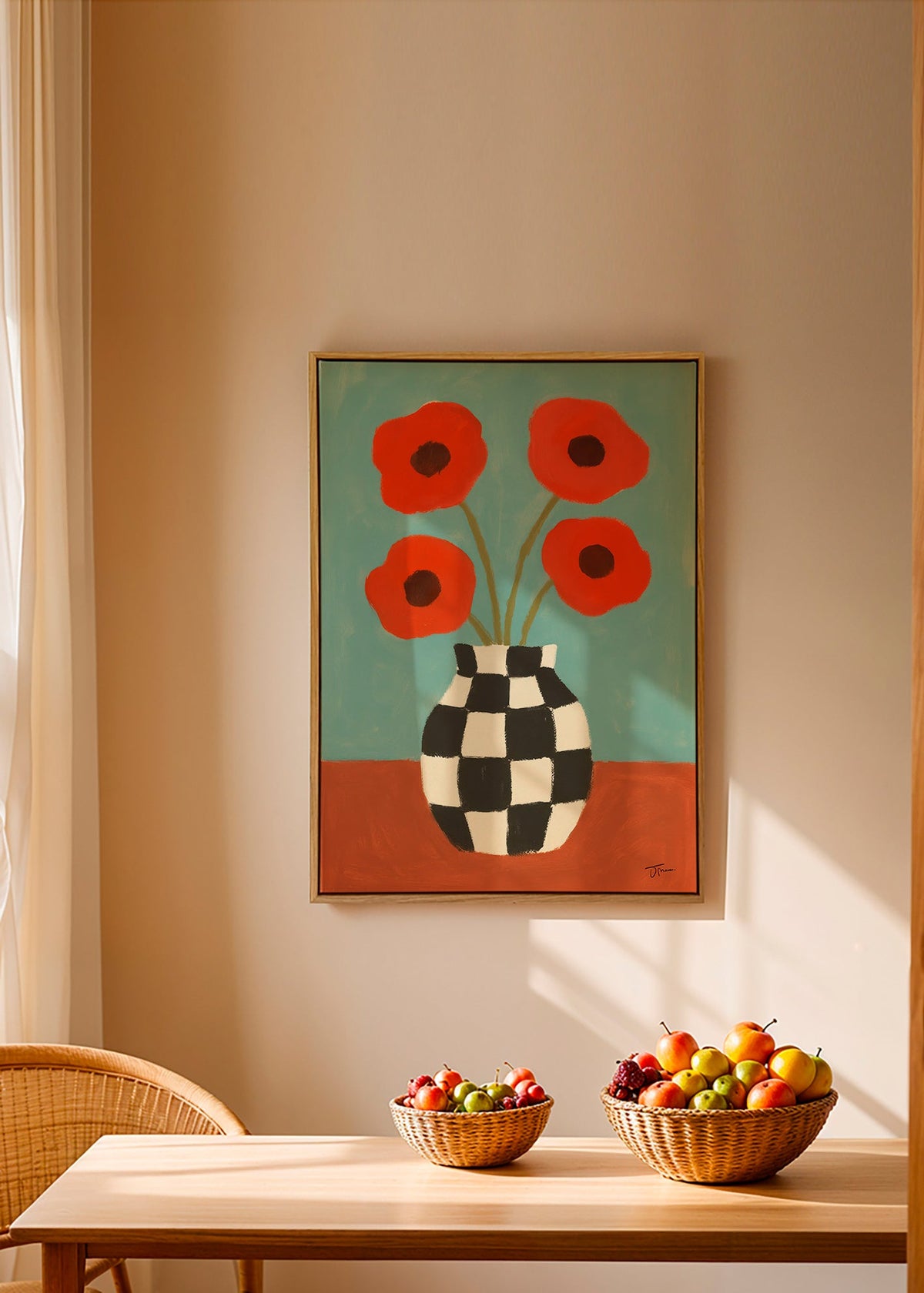 Lámina botánica con amapolas y jarrón ajedrez – Canvas2
