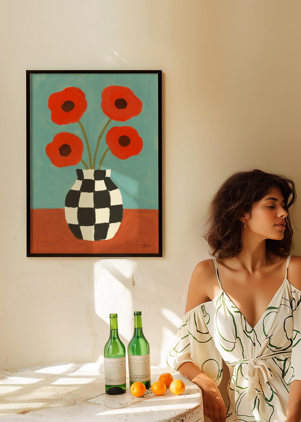 Lámina botánica con amapolas y jarrón ajedrez – Product2