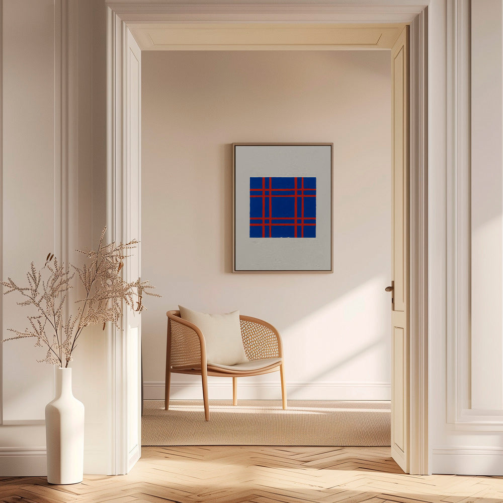 Cuadro geométrico azul con trama roja – Canvas2