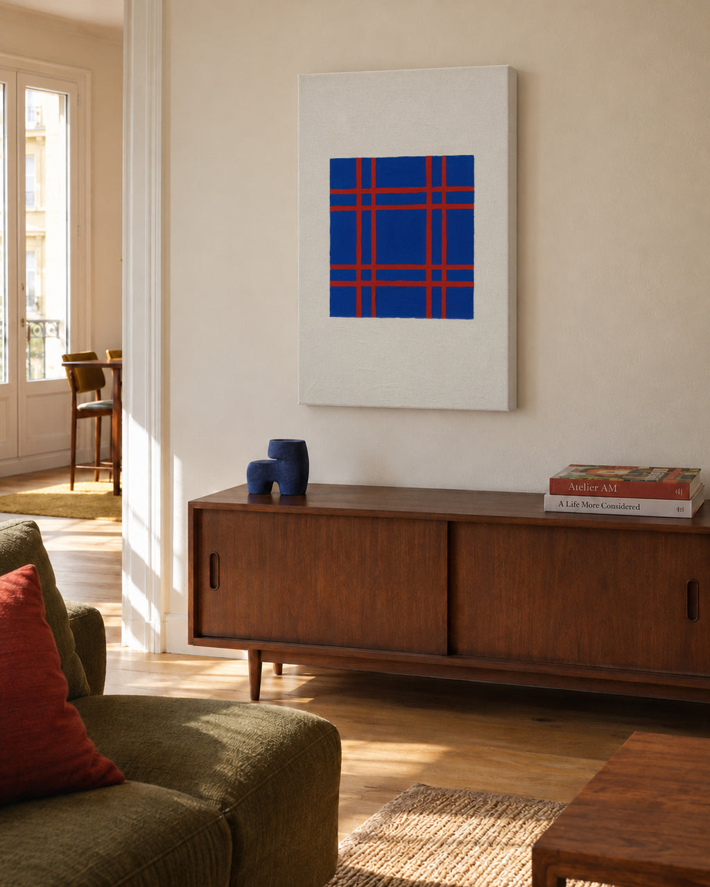 Cobalt Plaid - Unframed canvas in an interior