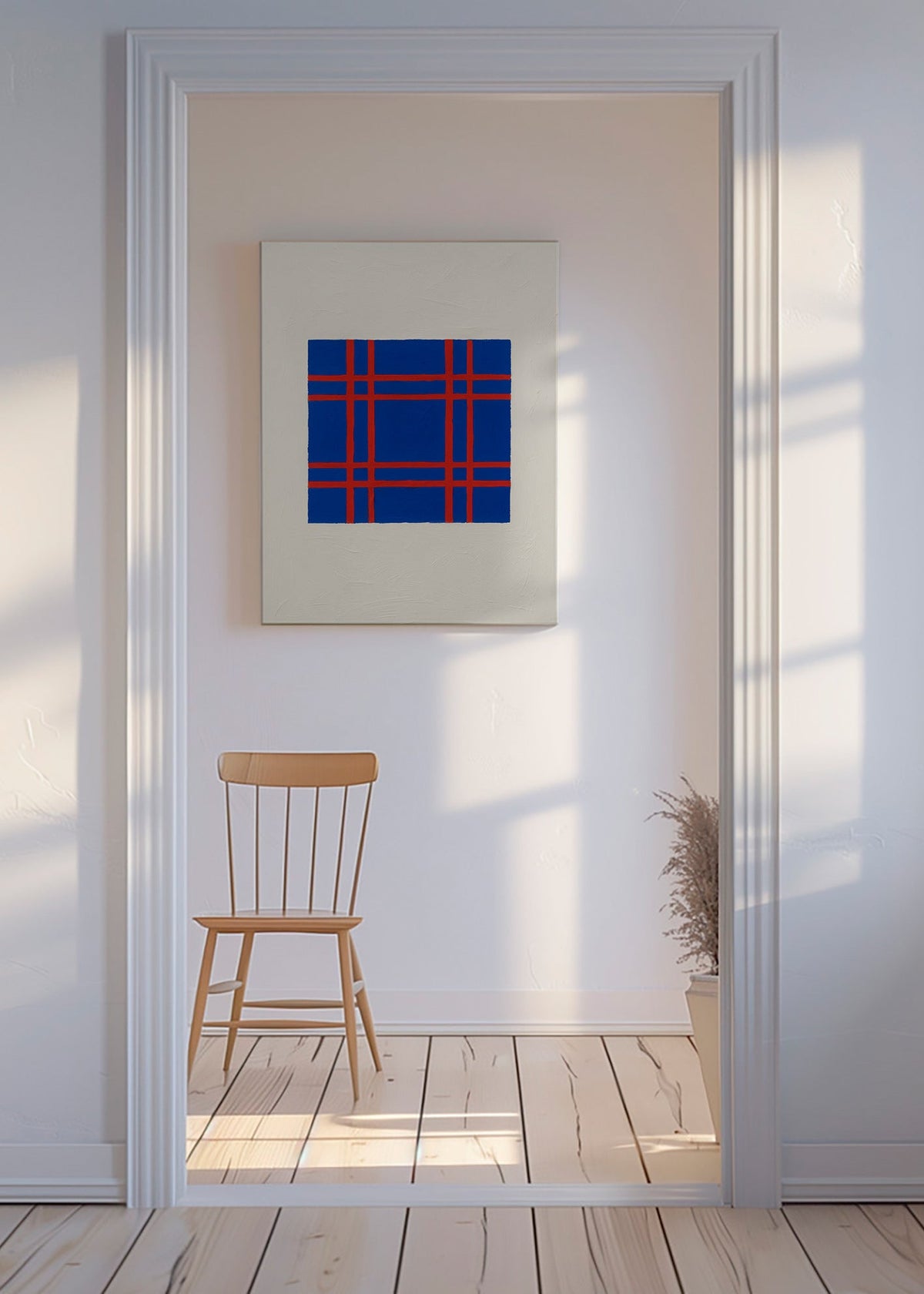 Cuadro geométrico azul con trama roja – Canvas
