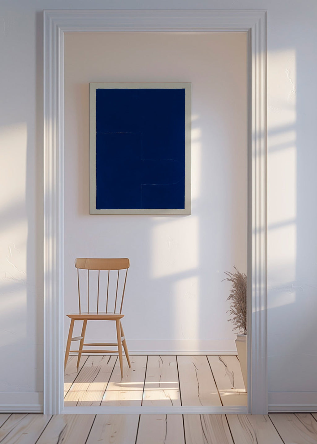 Cuadro geométrico azul con bloque vertical – Canvas
