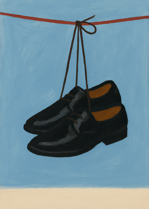 Ilustración de zapatos colgantes sobre fondo azul