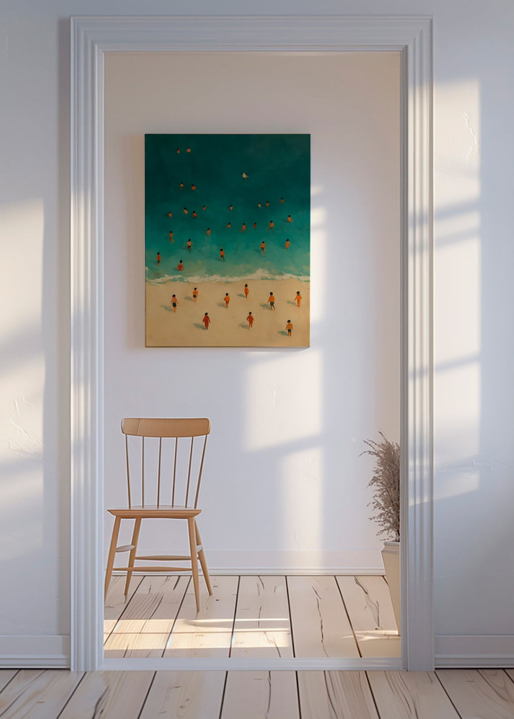 Cuadro de paisaje: playa vista aérea con bañistas – Canvas