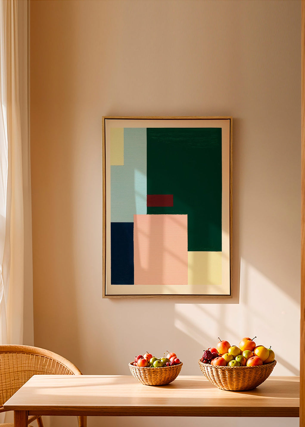 Cuadro geométrico: bloques pastel y verde profundo – Canvas1
