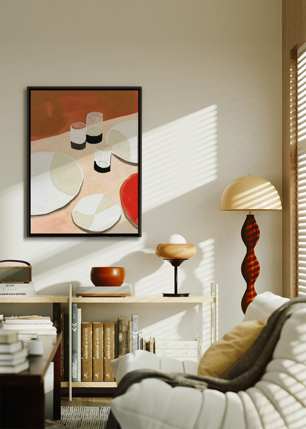 Cuadro de cocina minimalista con platos y vasos – Canvas2