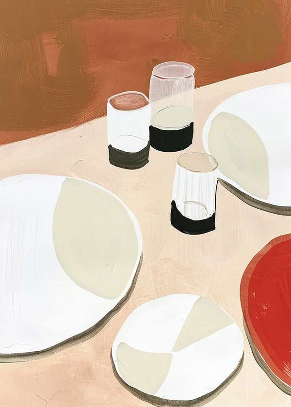 Cuadro de cocina minimalista con platos y vasos