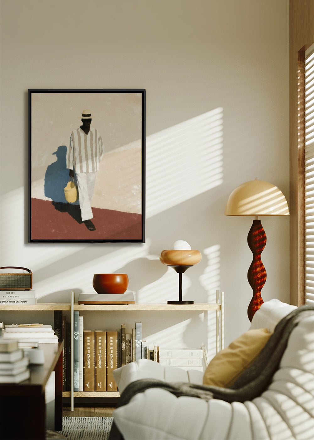 White Suit Walk I - Framed canvas in an interior