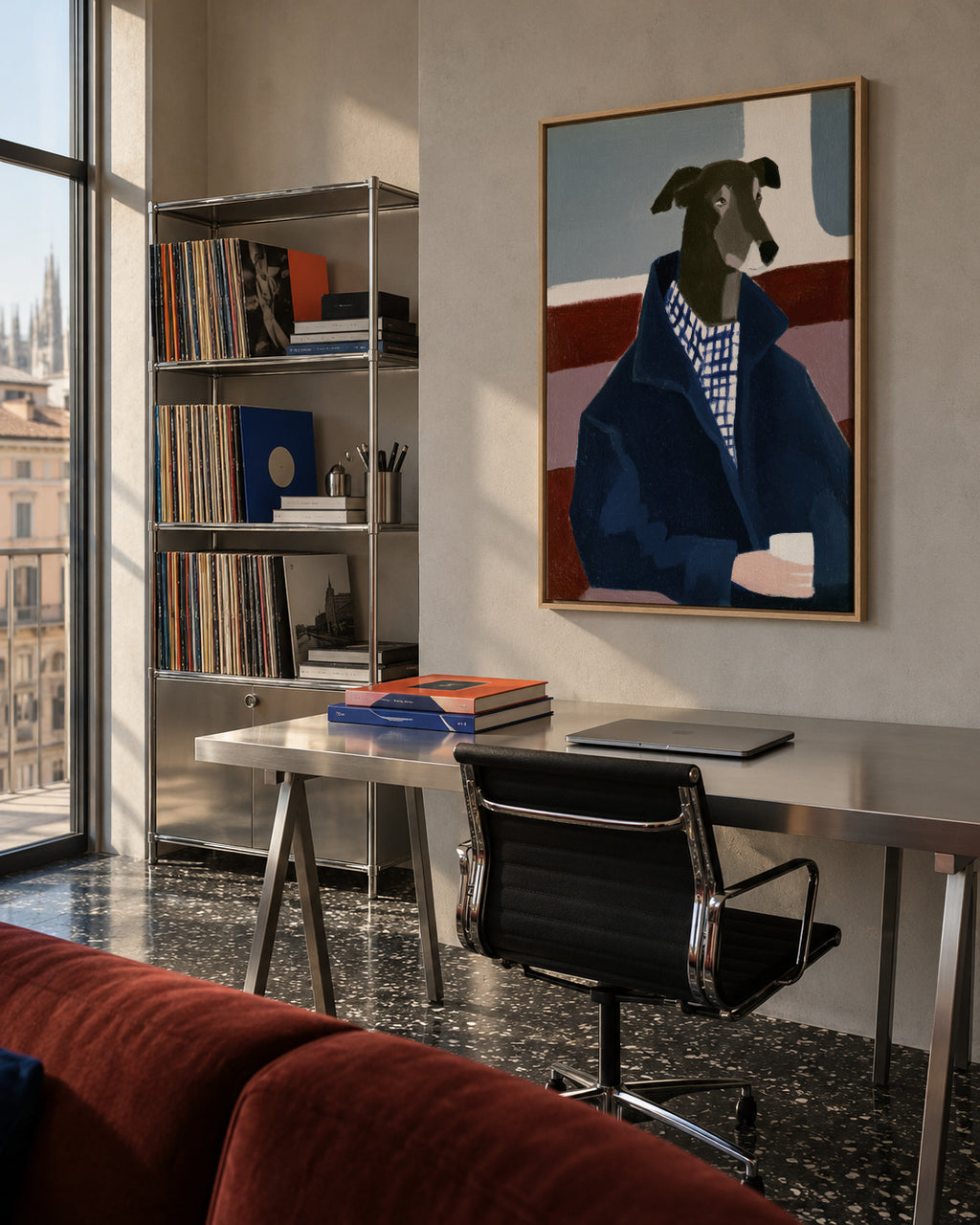Greyhound in Blue - Framed canvas in an interior