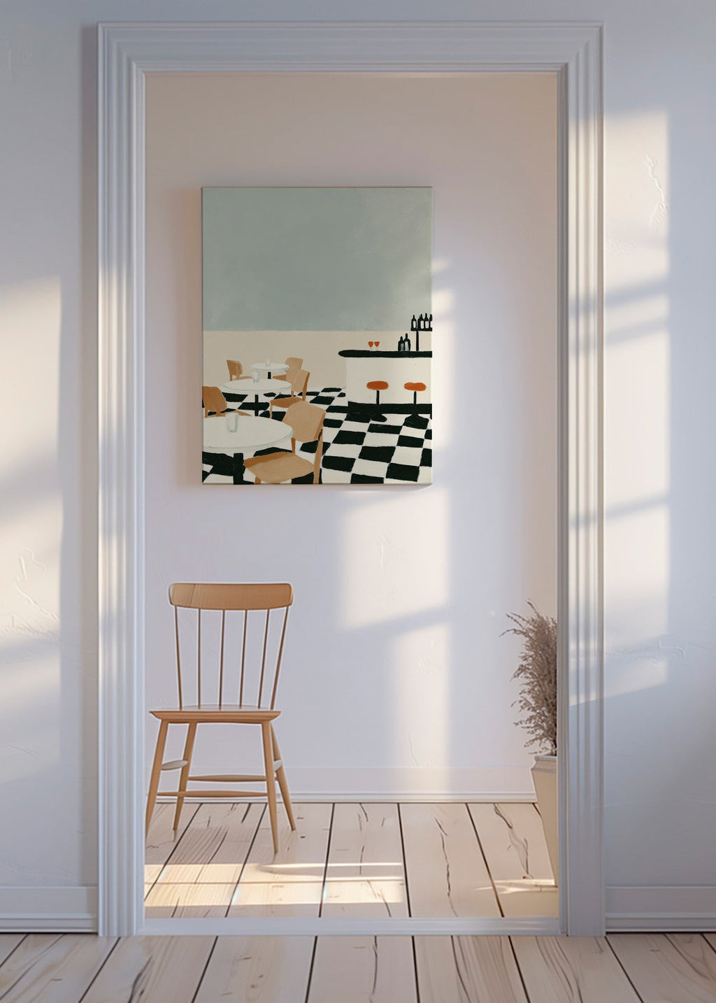 Cuadro de cocina con suelo ajedrezado y barra minimalista – Canvas