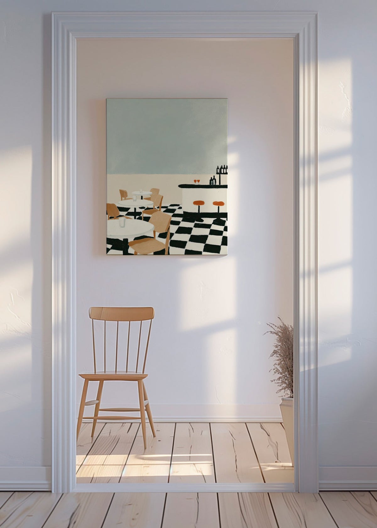 Cuadro de cocina con suelo ajedrezado y barra minimalista – Canvas