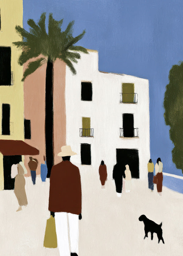 Cuadro de ciudades con paseo mediterráneo y palmera