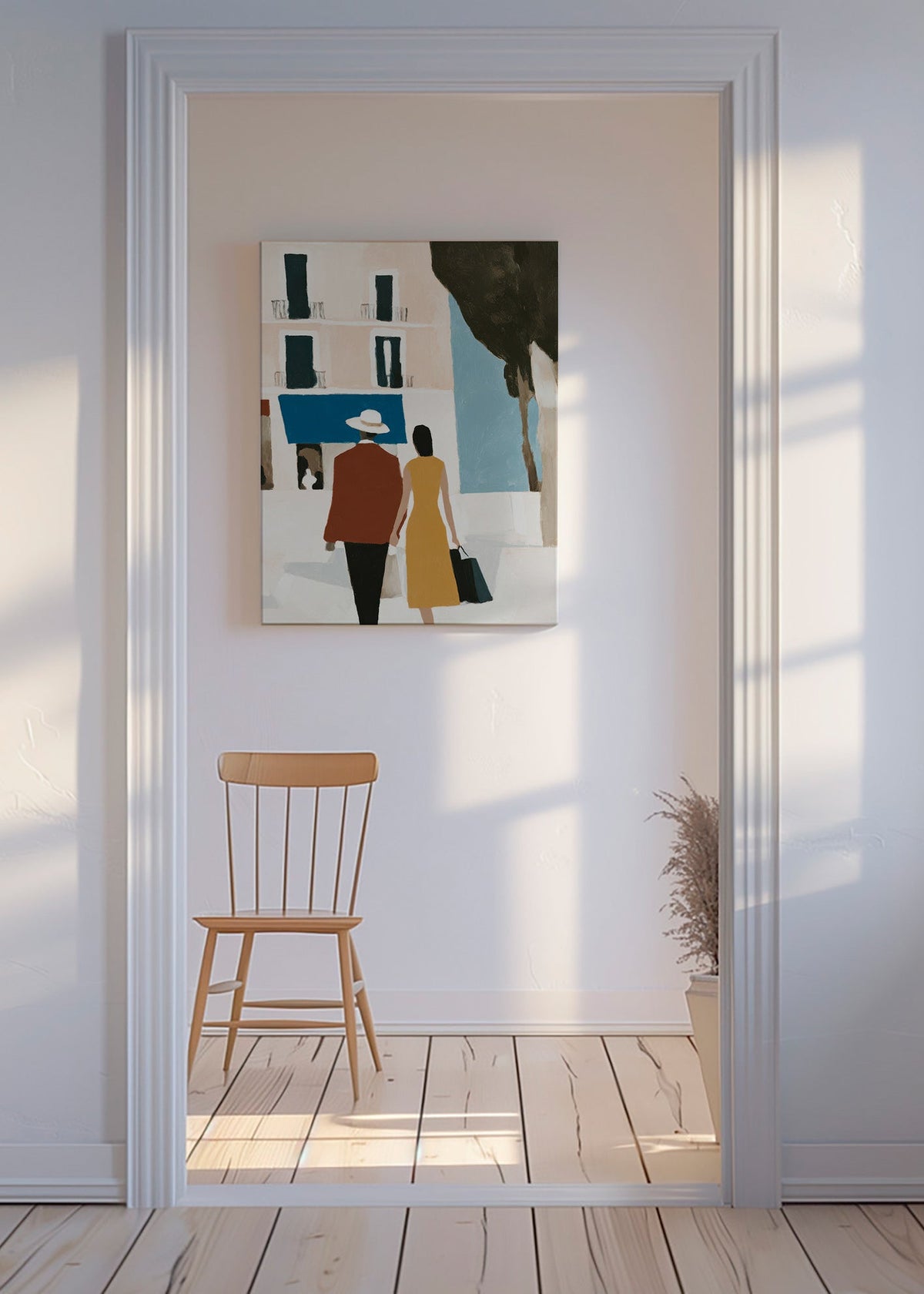 Ilustración de pareja sobre ciudad minimalista – Canvas