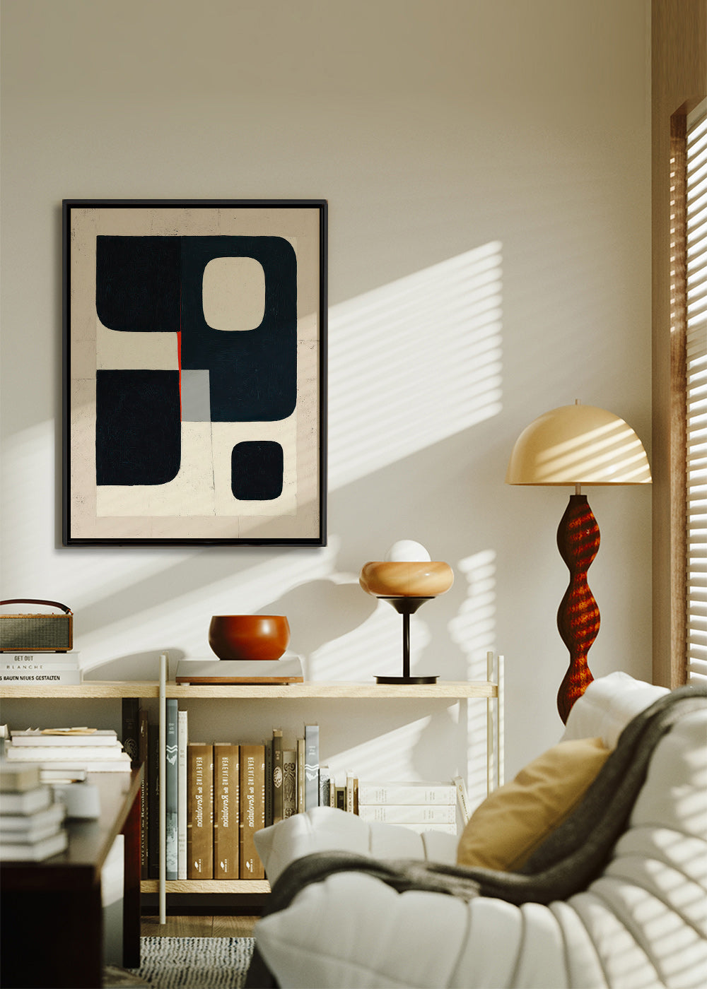 Cuadro geométrico con bloques negros y acento rojo – Canvas1