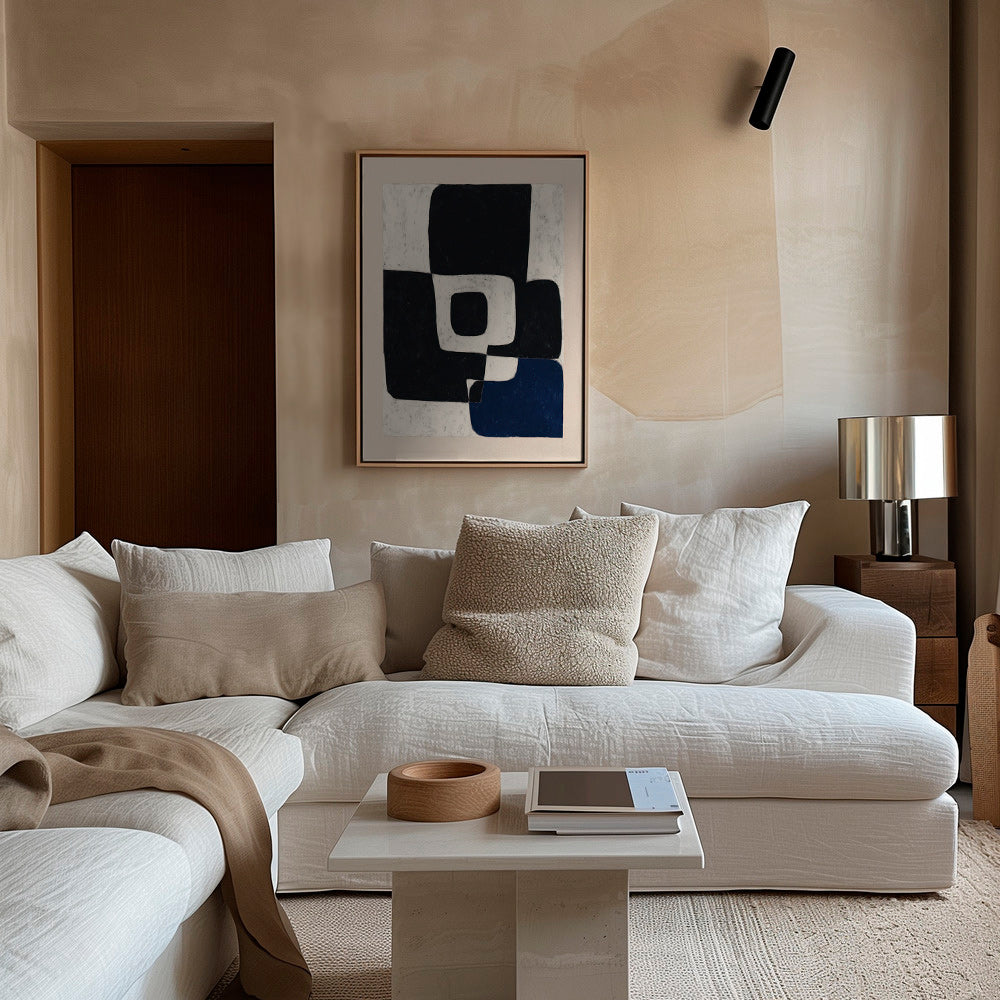 Cuadro abstracto con bloques negros y acento azul – Canvas1