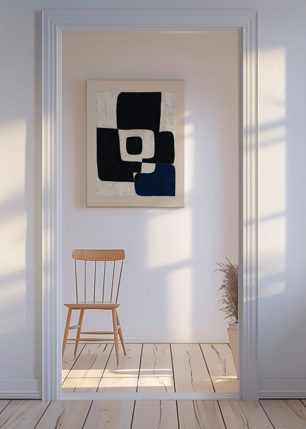 Cuadro abstracto con bloques negros y acento azul – Canvas