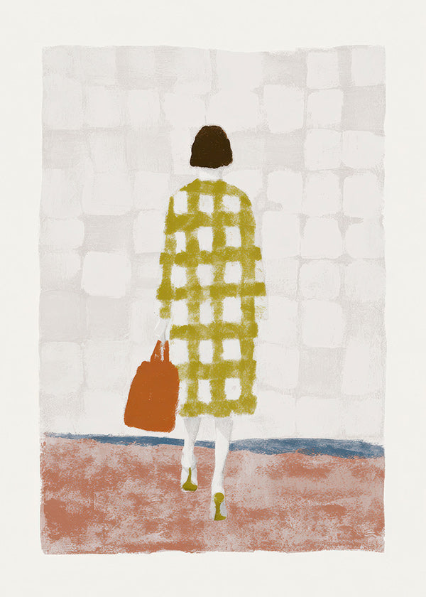 Ilustración de mujer de espaldas con abrigo a cuadros