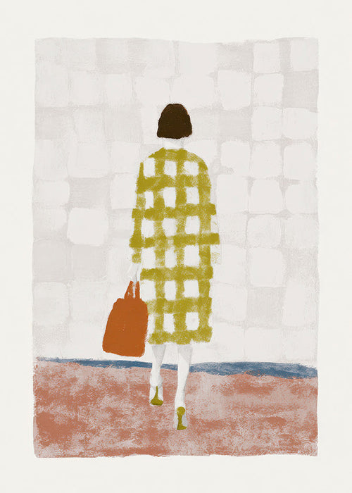 Ilustración de mujer de espaldas con abrigo a cuadros