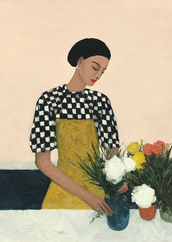 Lámina botánica: florista con ramo y delantal amarillo