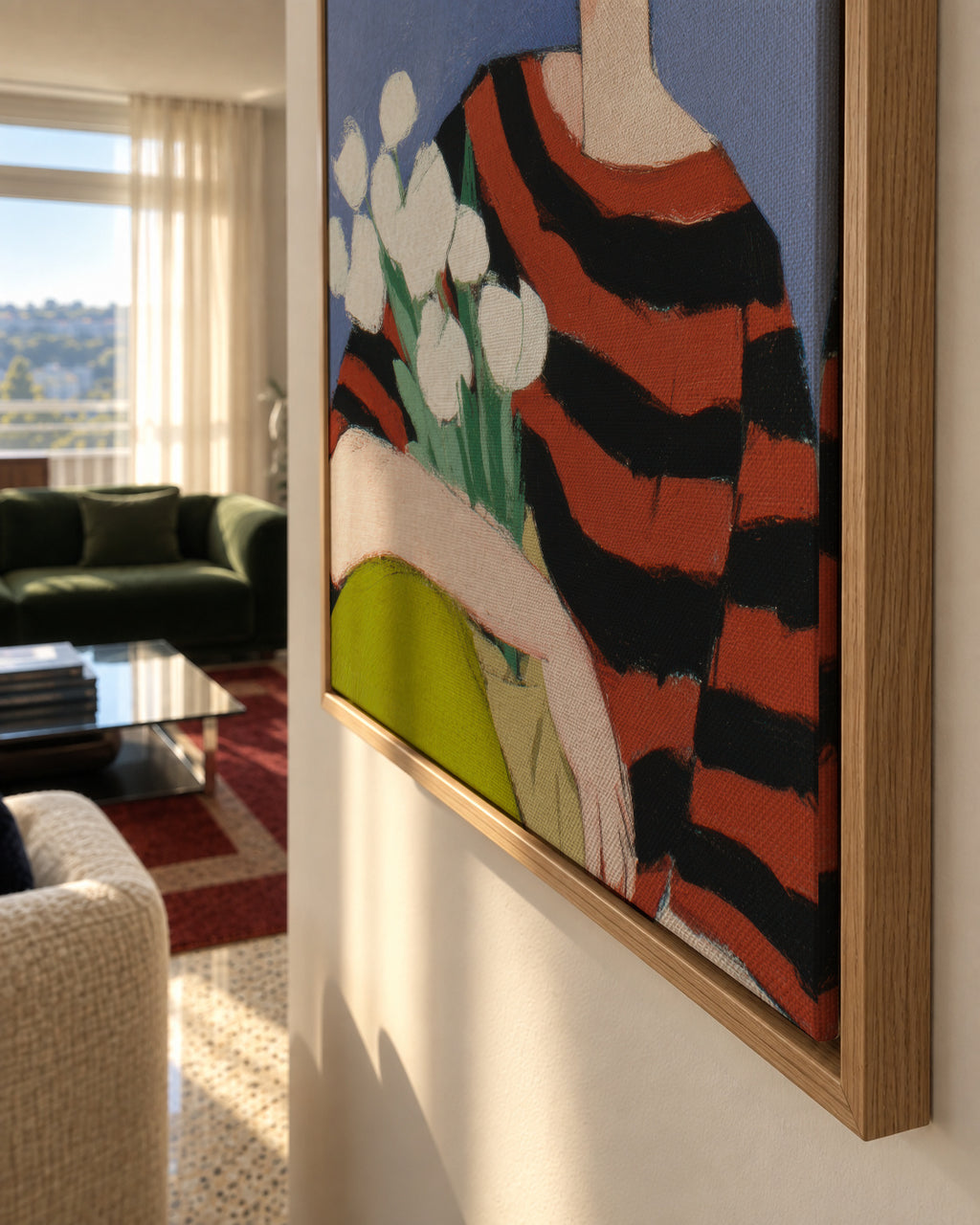 Portrait with White Tulips - Framed canvas detail