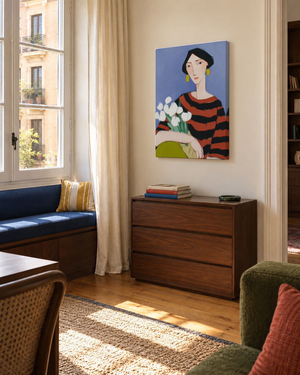 Portrait with White Tulips - Unframed canvas in an interior