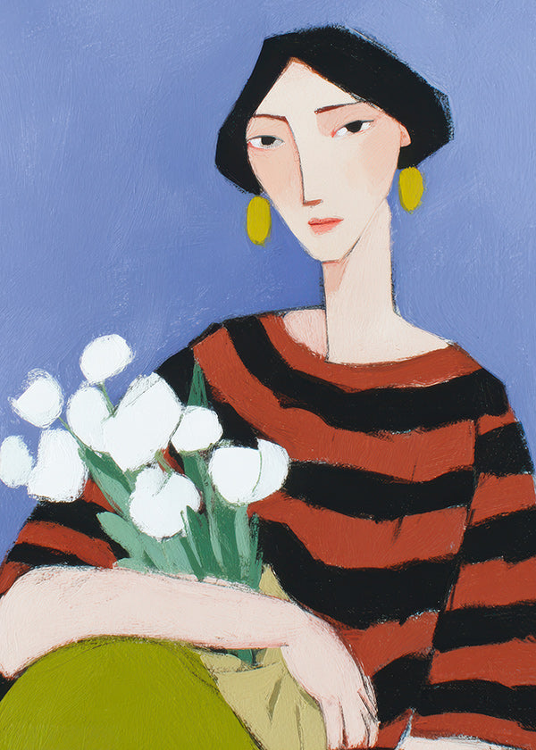 Ilustración de mujer con tulipanes blancos