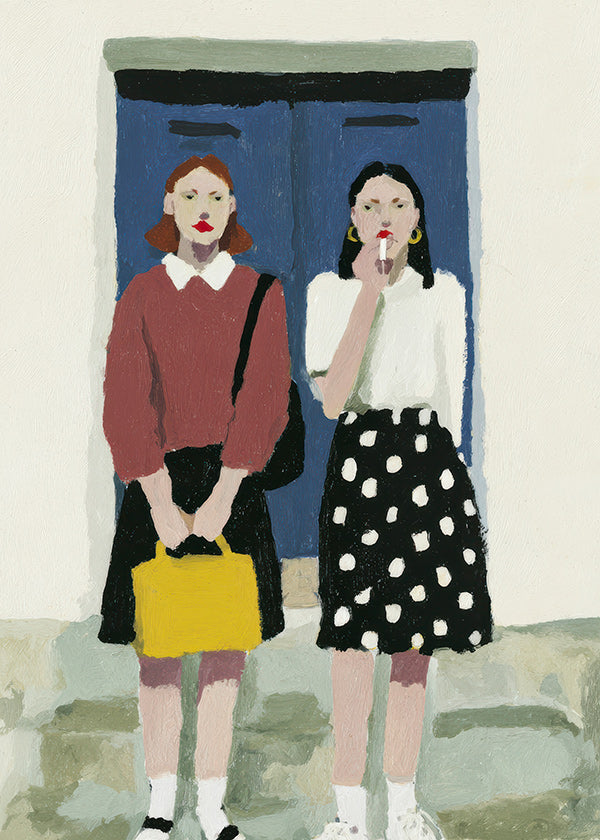 Ilustración de dos figuras frente a puerta azul