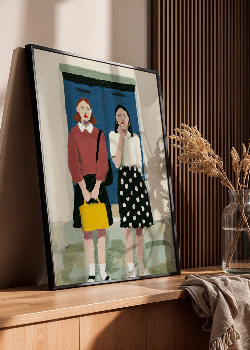 Ilustración de dos figuras frente a puerta azul – Product3