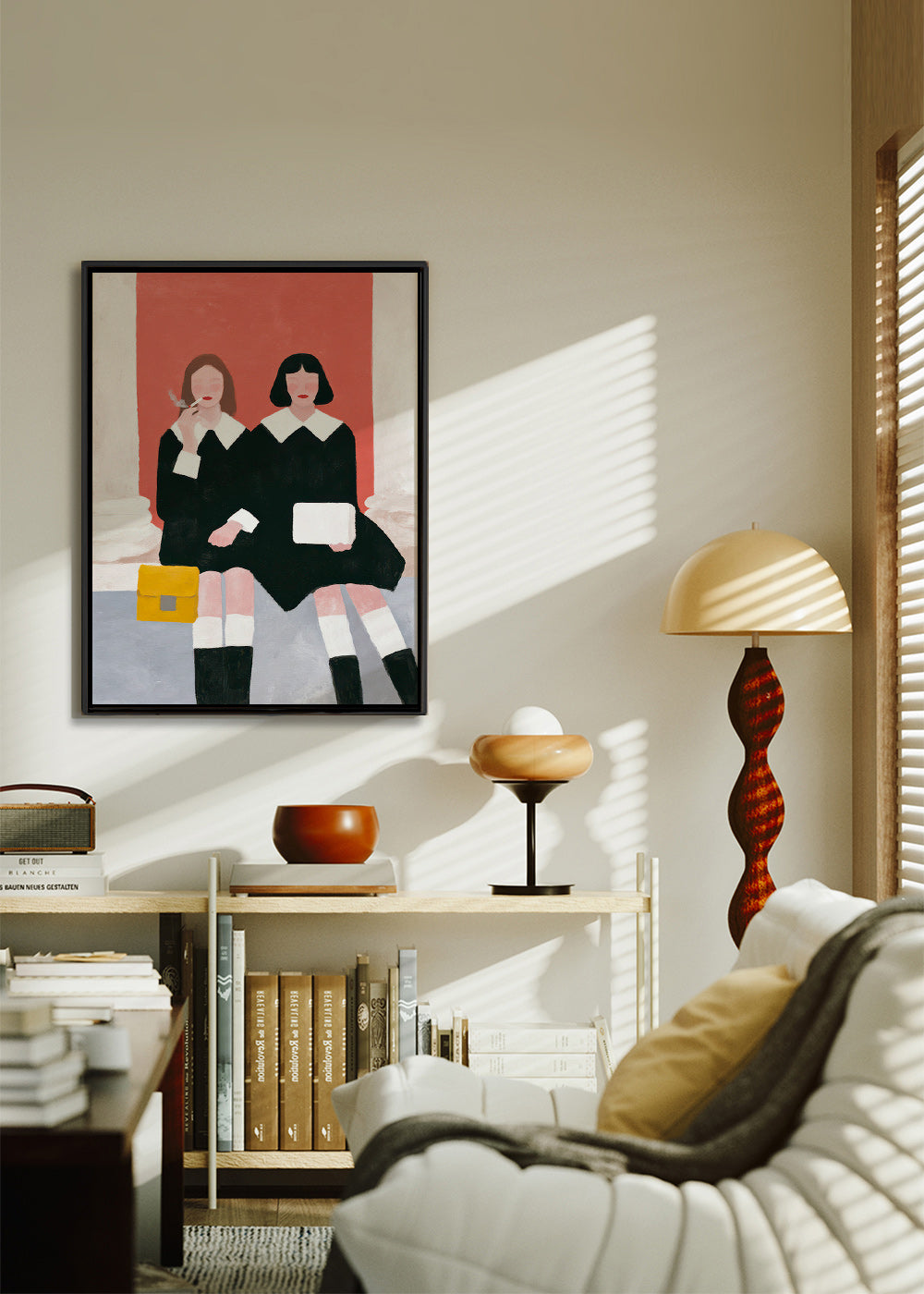 Ilustración de dos figuras sentadas estilo retro – Canvas1