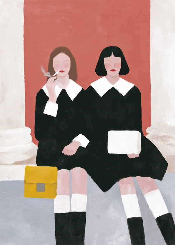 Ilustración de dos figuras sentadas estilo retro