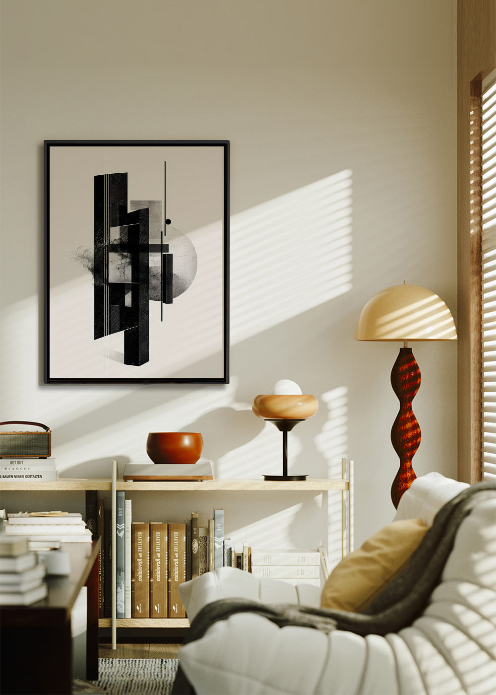 Cuadro en blanco y negro con monolitos geométricos – Canvas2