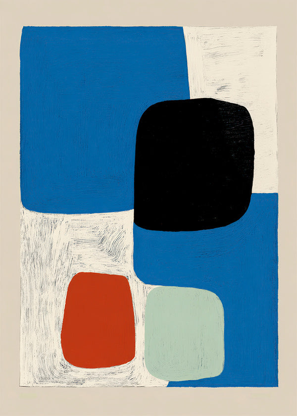 Cuadro abstracto con formas azules y bloque negro