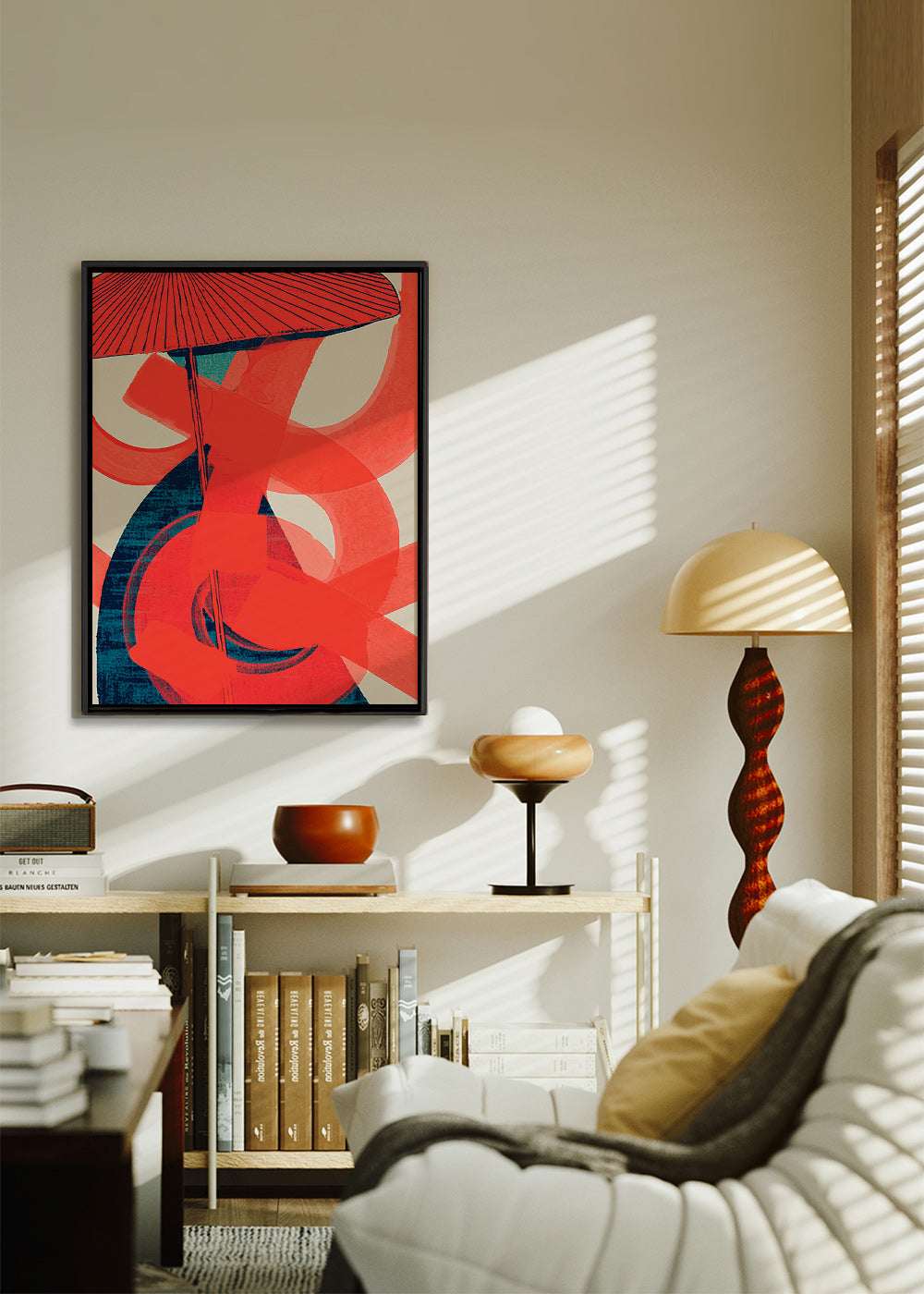 Cuadro abstracto con remolinos rojos y gesto vertical – Canvas1