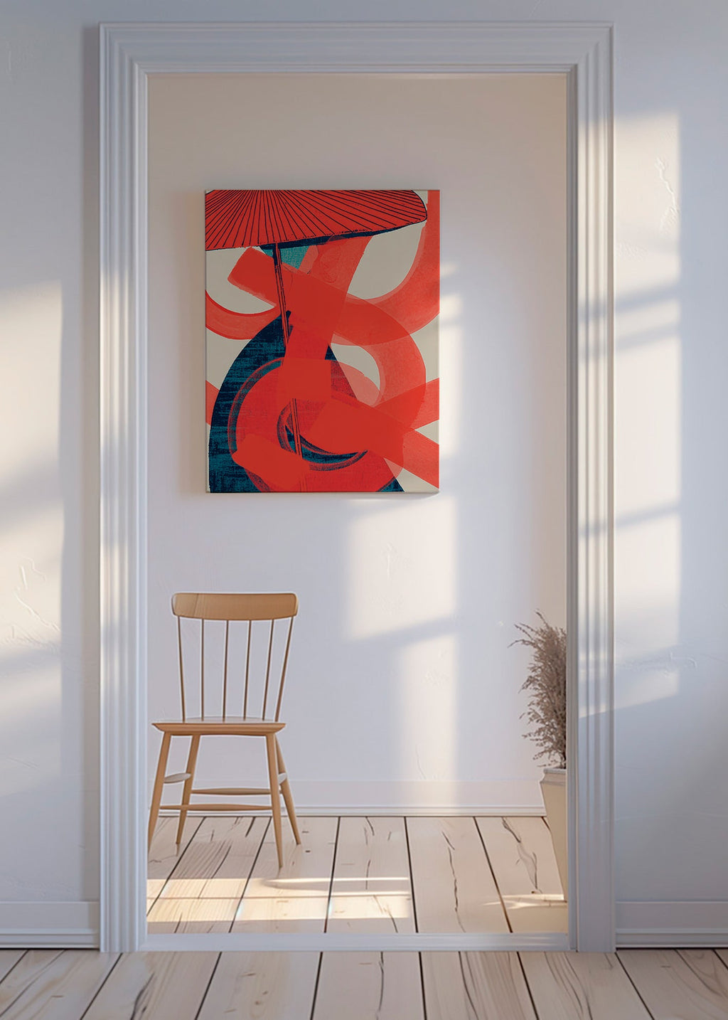 Cuadro abstracto con remolinos rojos y gesto vertical – Canvas