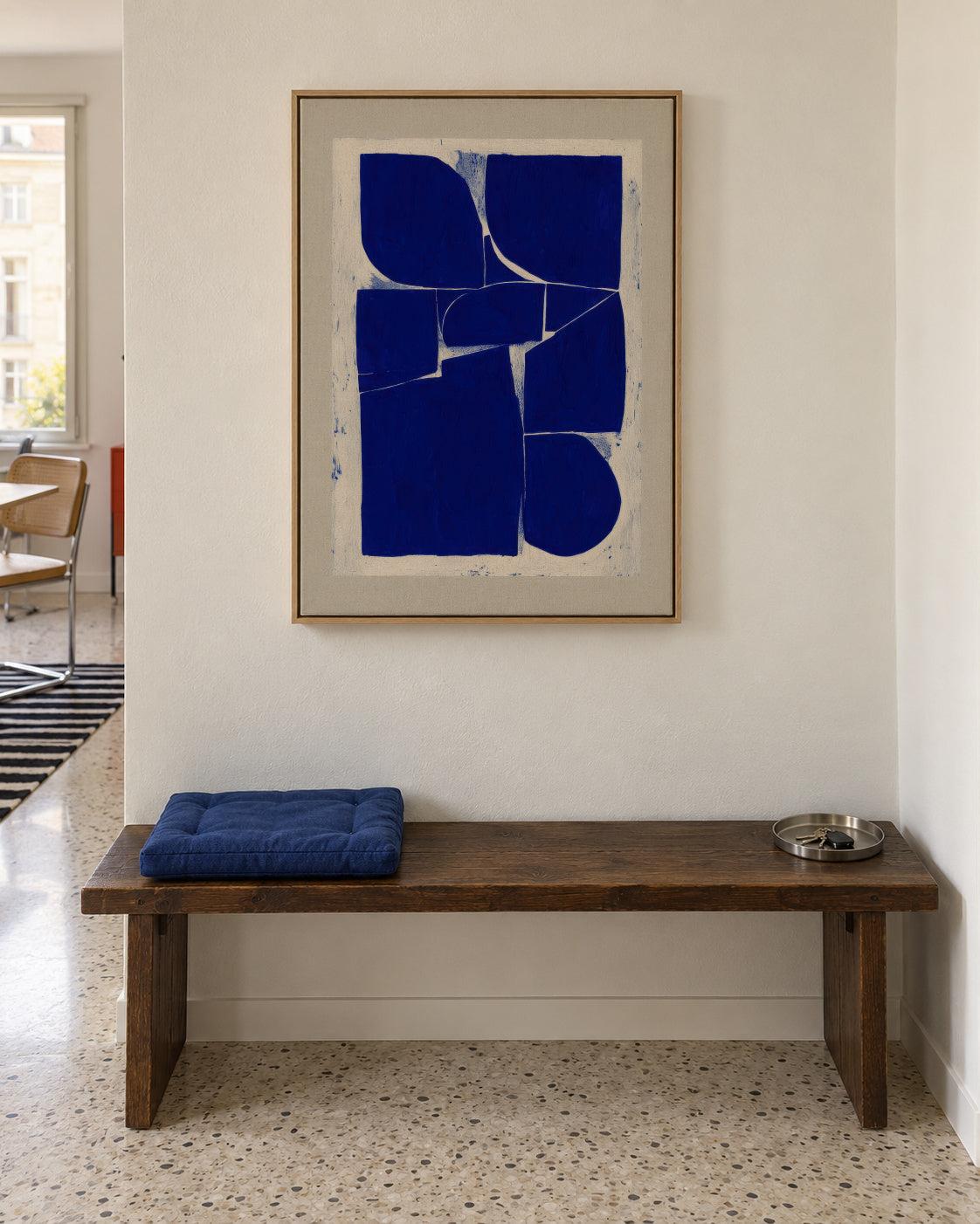 Indigo Mosaic I - Framed canvas in an interior