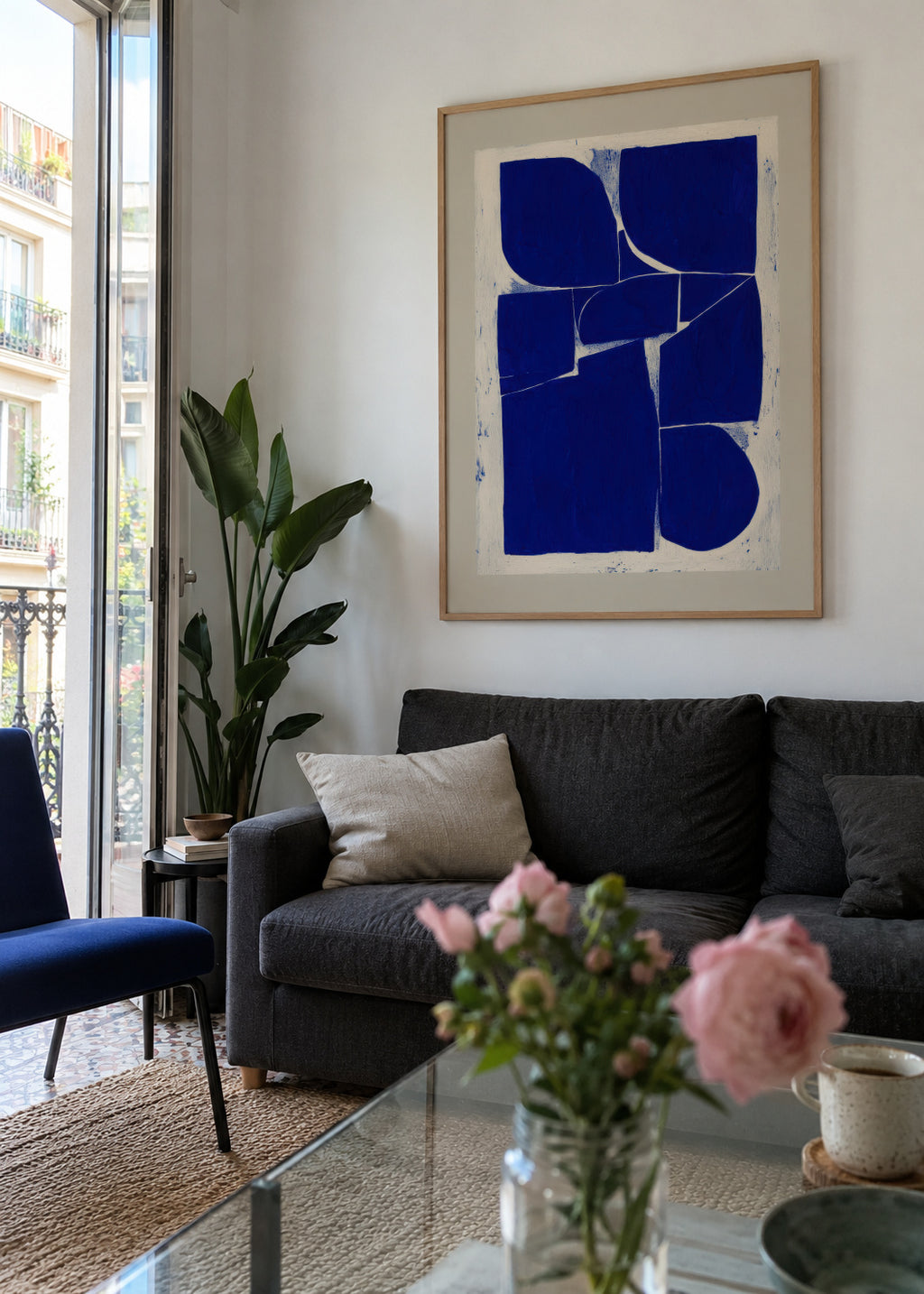 Indigo Mosaic I - Framed poster in an interior