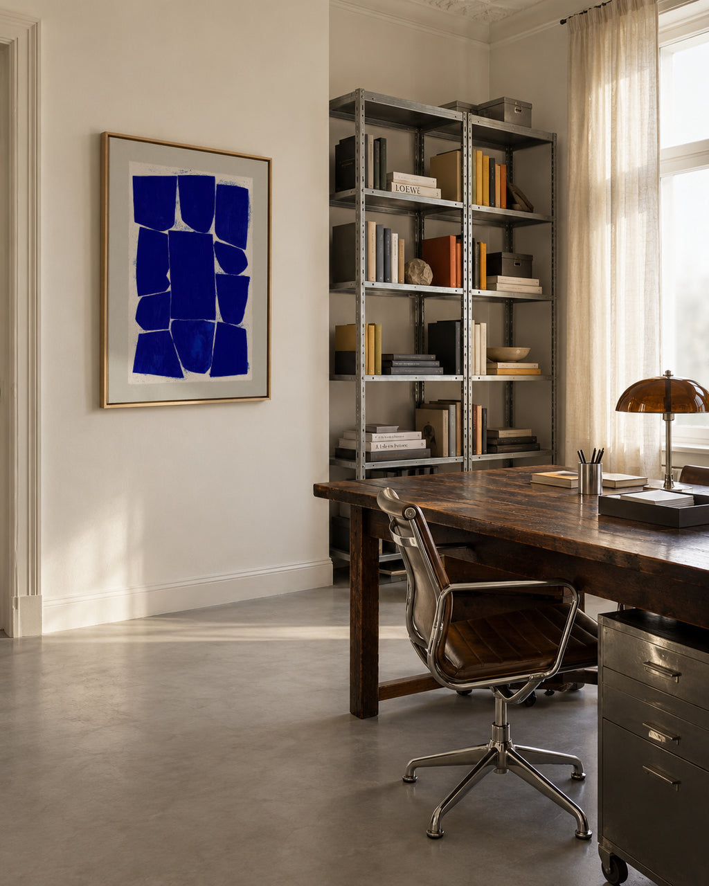 Indigo Mosaic II - Framed canvas in an interior