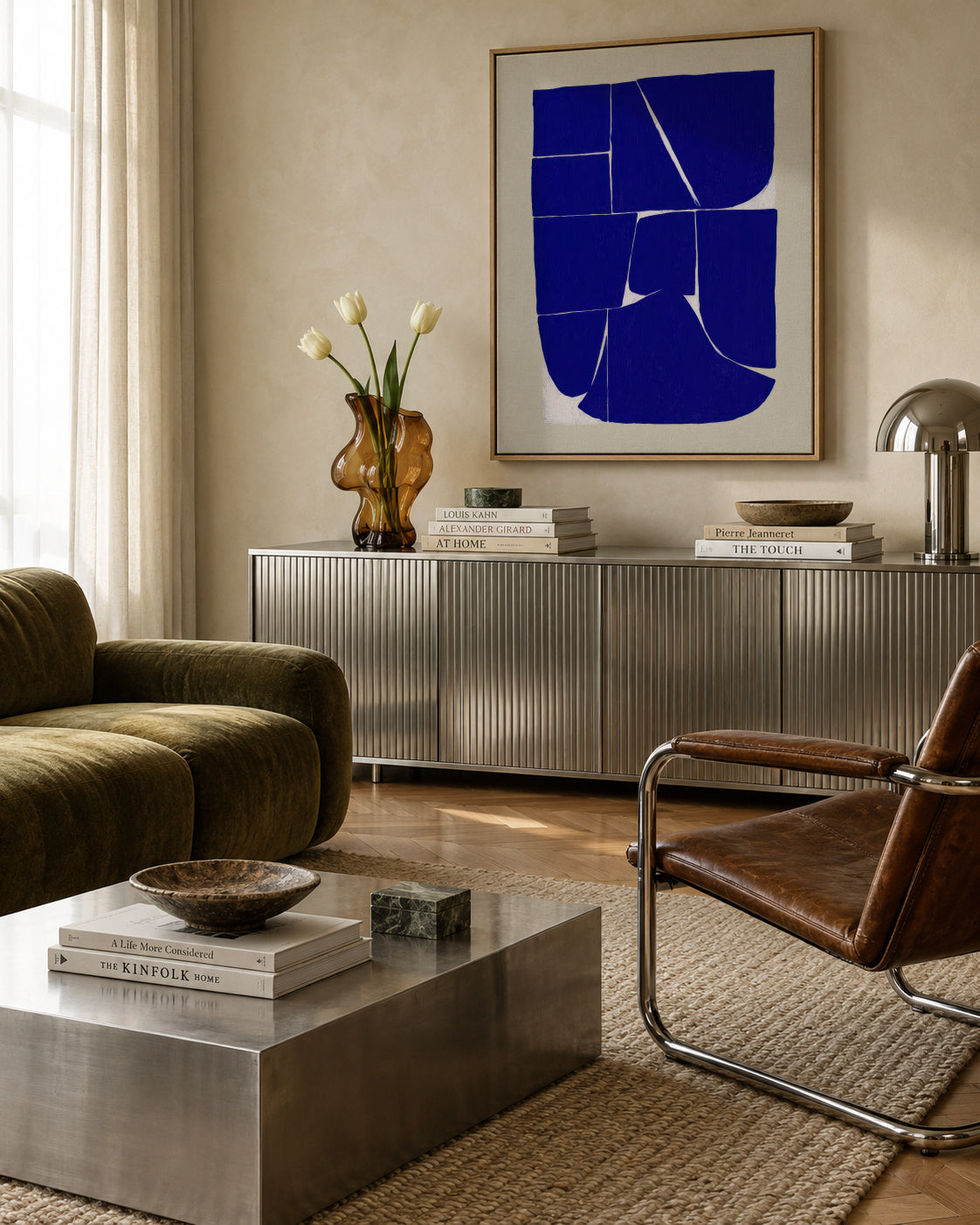 Indigo Mosaic III - Framed canvas in an interior