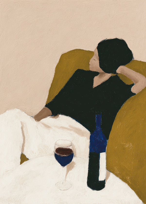 Cuadro de cocina con vino y sillón mostaza