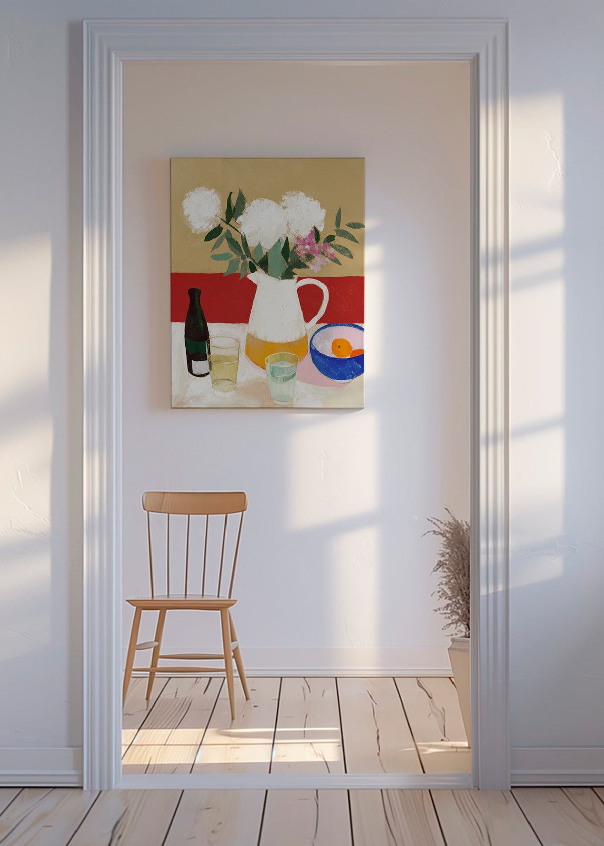 Lámina botánica con jarrón y flores blancas – Canvas