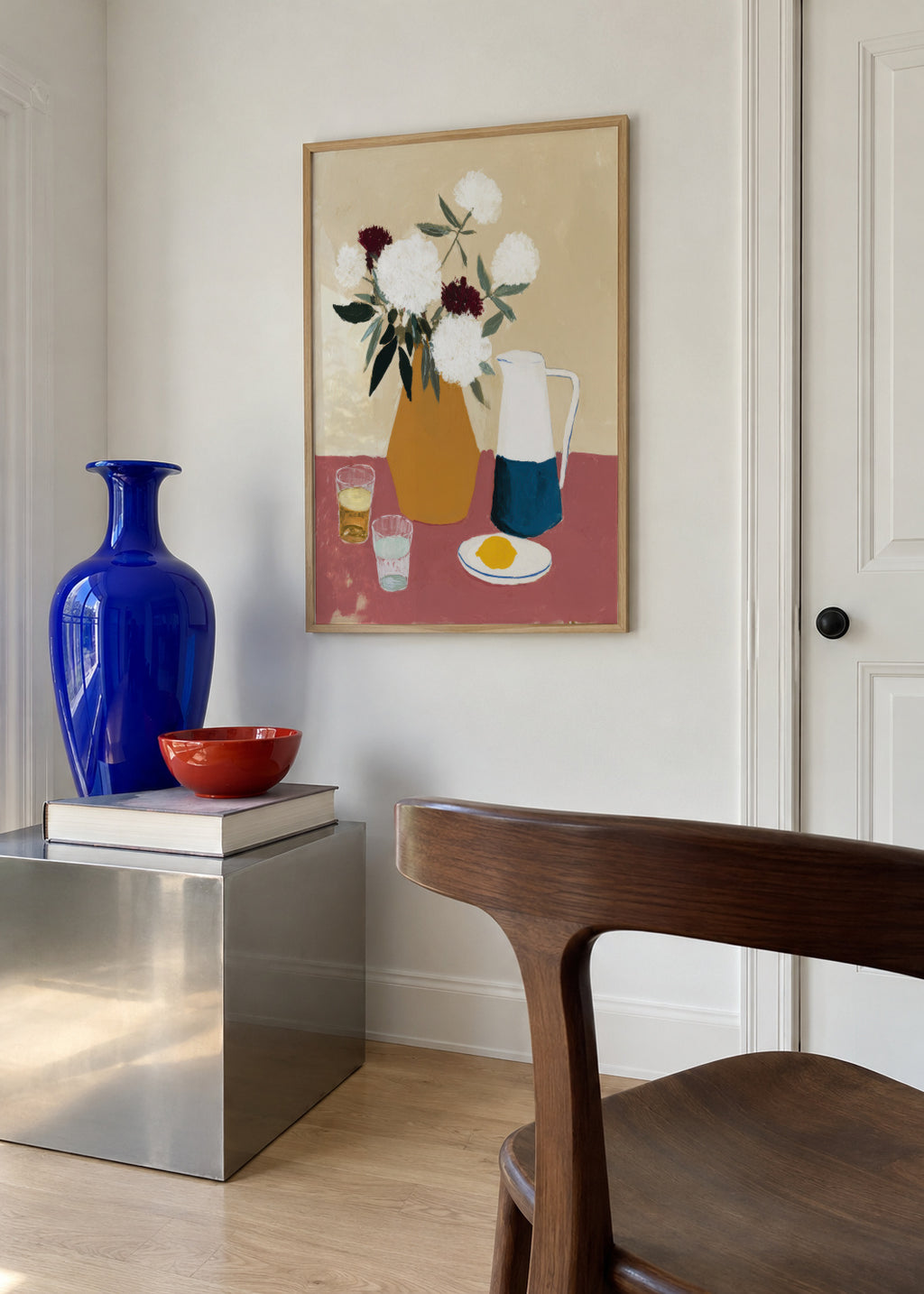 White Flowers & Pitcher III - Framed poster in an interior