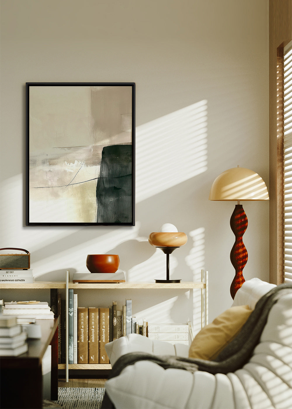 Cuadro abstracto con bloque oscuro y trazos suaves – Canvas1