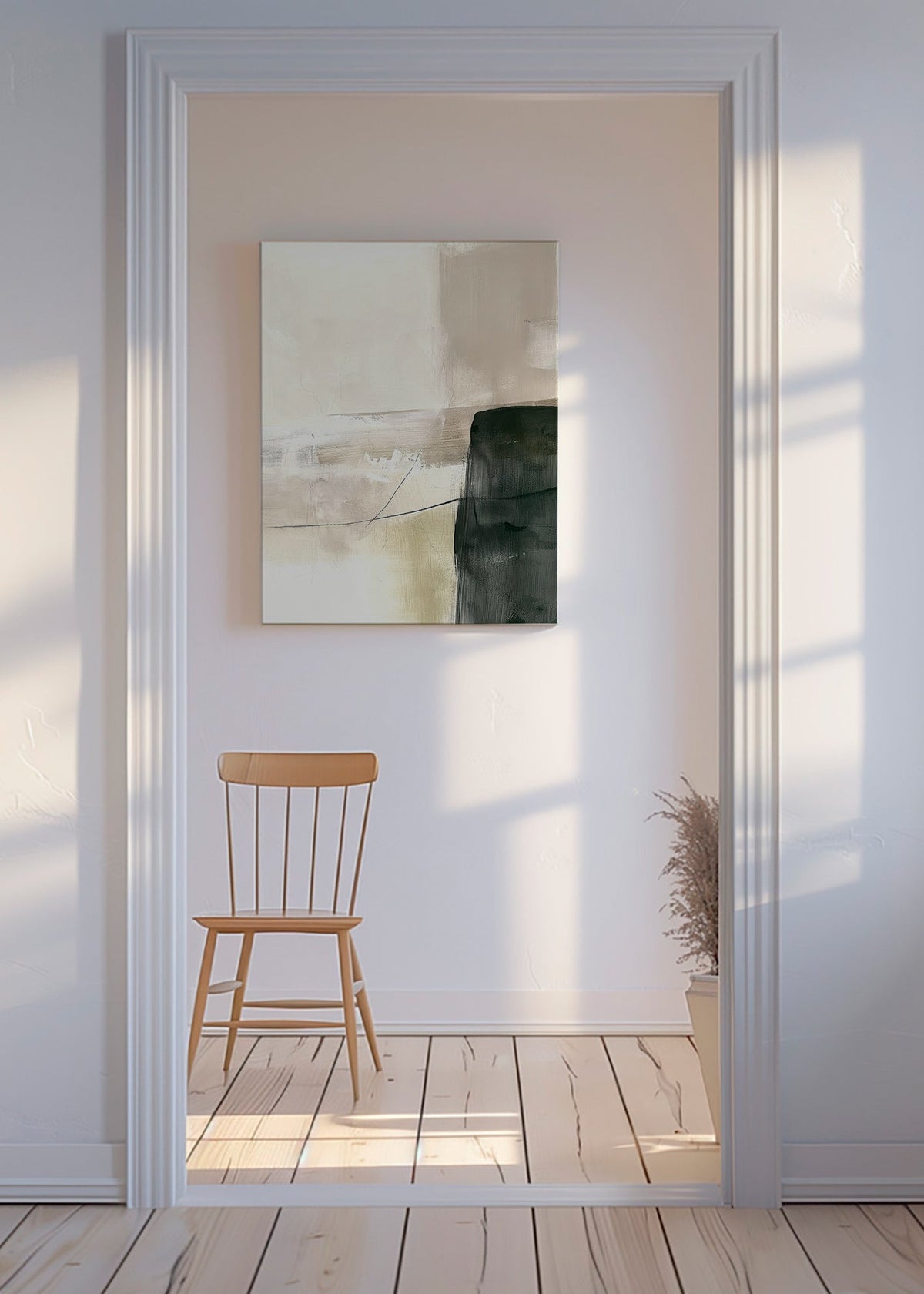 Cuadro abstracto con bloque oscuro y trazos suaves – Canvas