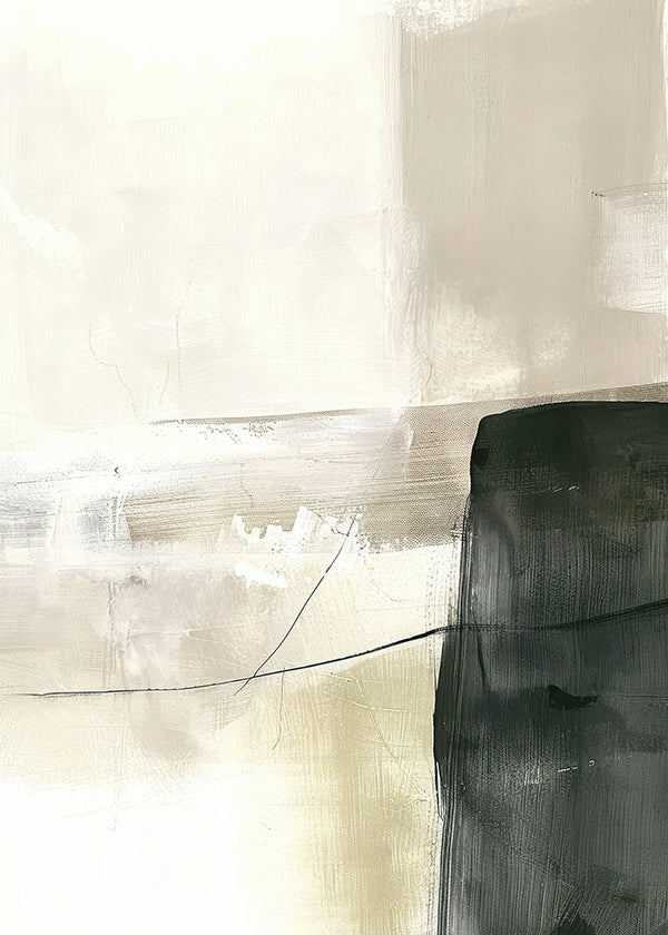 Cuadro abstracto con bloque oscuro y trazos suaves