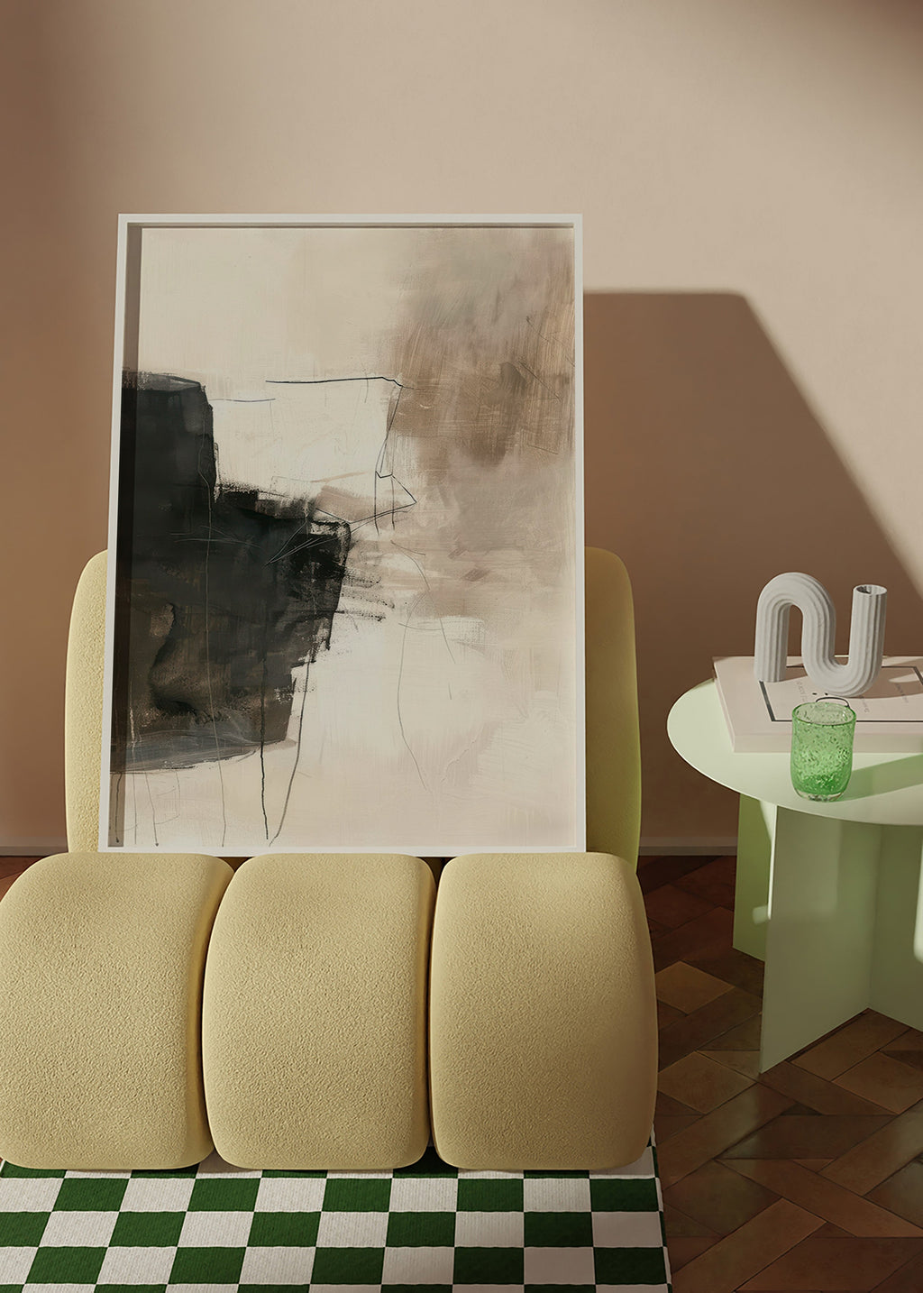 Cuadro abstracto neutro con bloque oscuro – Product2