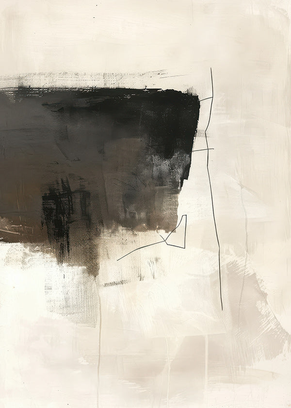Cuadro abstracto con trazo oscuro sobre fondo beige
