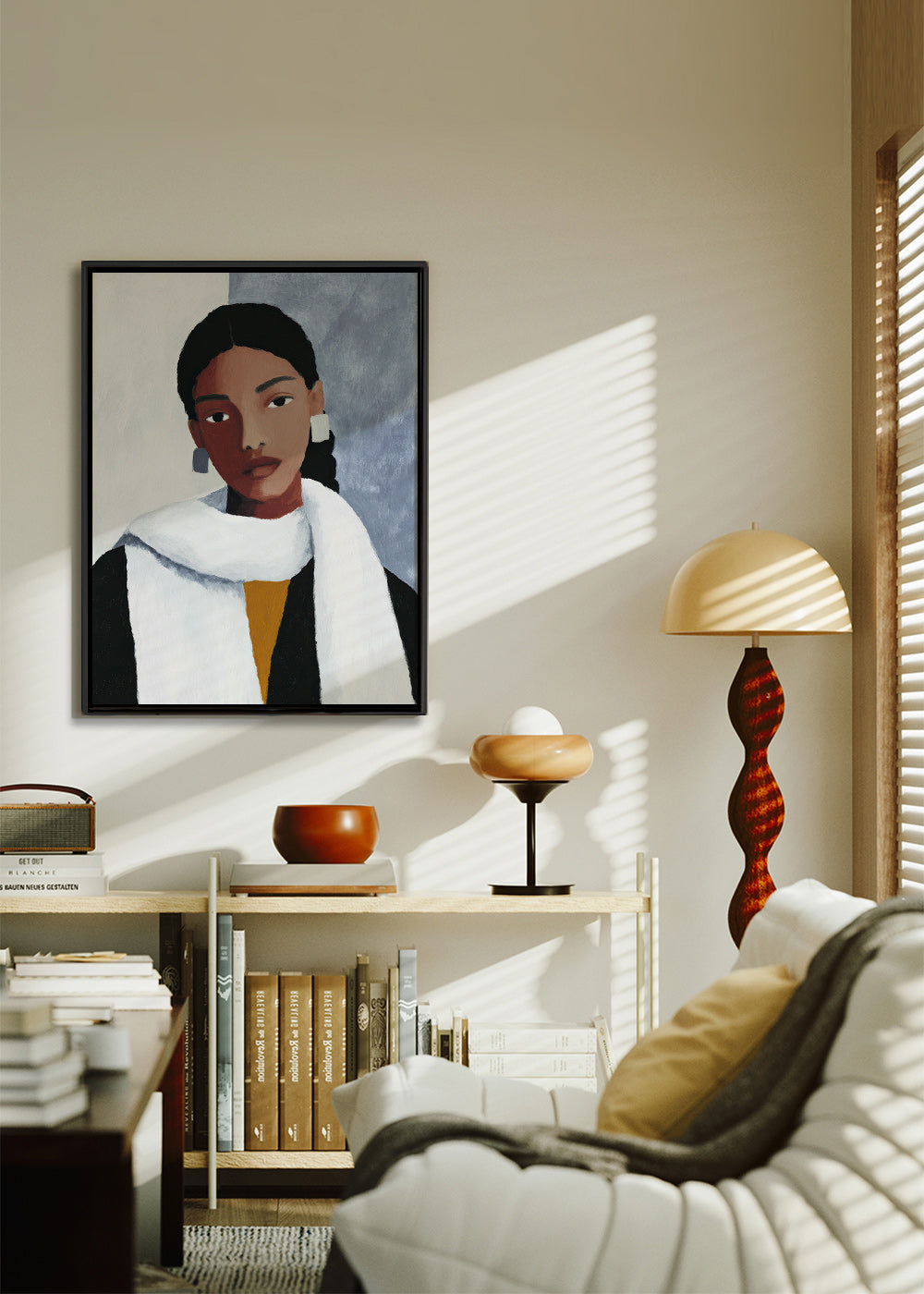 Ilustración de retrato femenino con bufanda blanca – Canvas2
