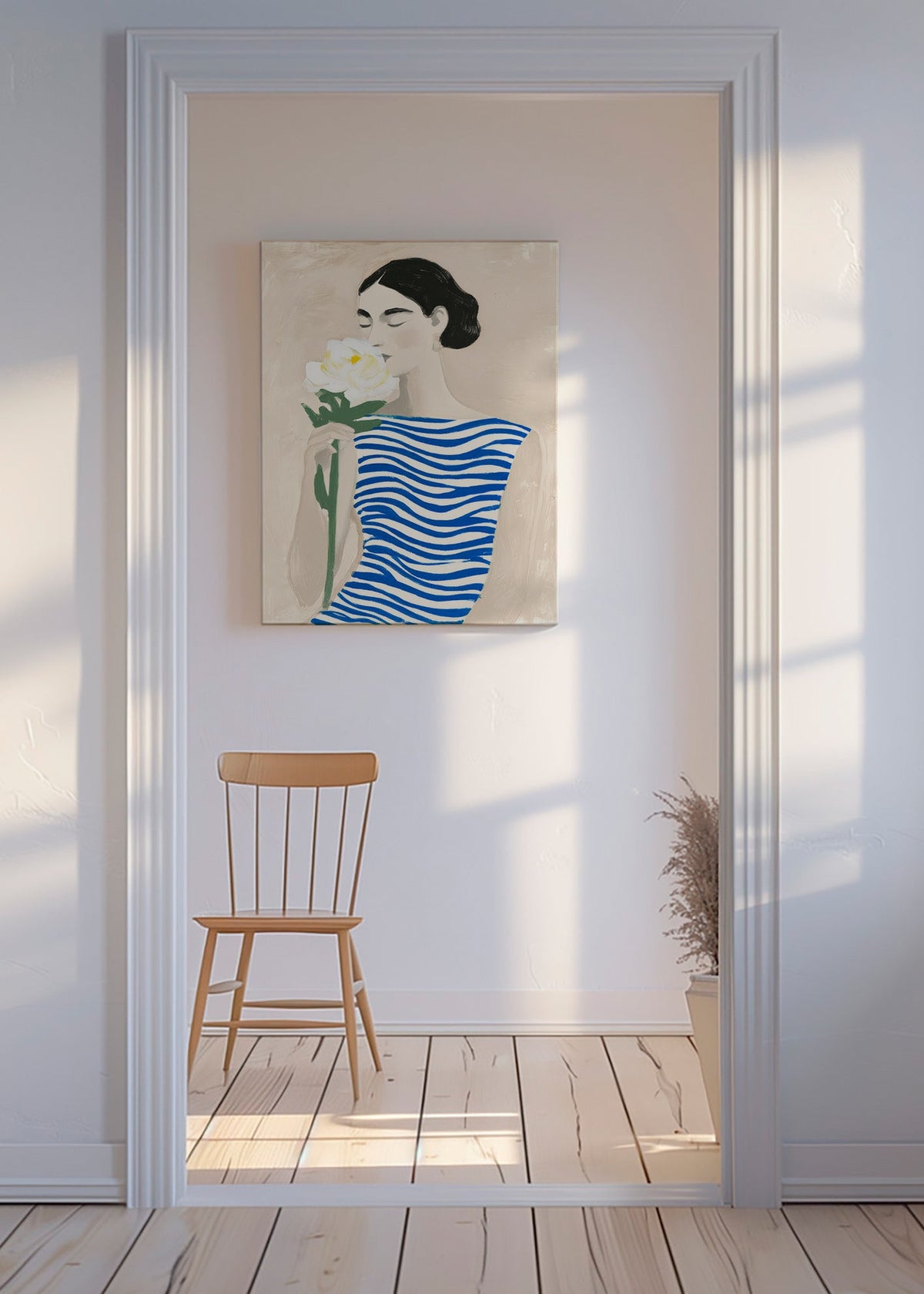 Lámina botánica: mujer con flor y rayas azules – Canvas