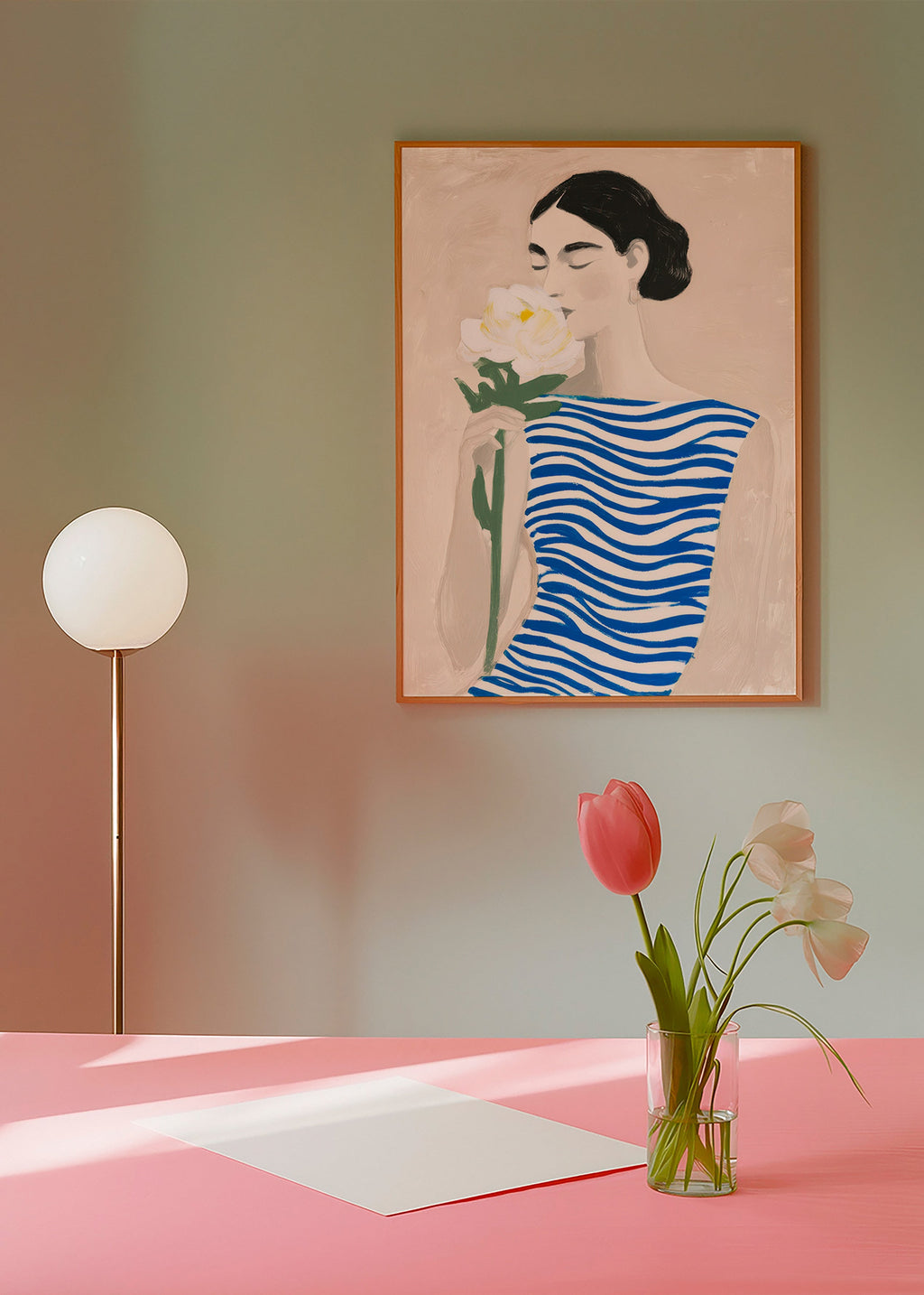 Lámina botánica: mujer con flor y rayas azules – Product3